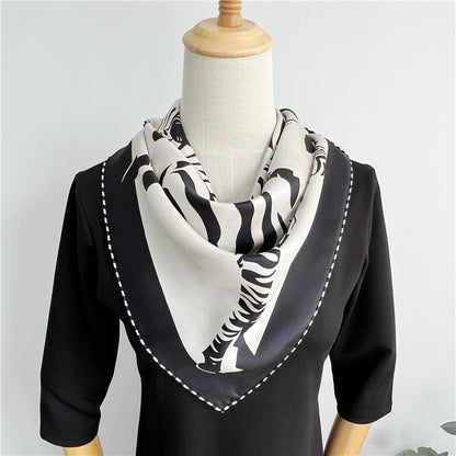 100% Pure Mulberry Silk Twill Scarf – Zebra Print, 90cm, Hand-Rolled Edges