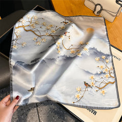 Chinese Landscape Theme 100% Mulberry Silk Scarf - Elegant Hair Scarf, Neck Scarf, Bandana, Bag Accessory, Gift for Her