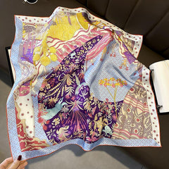 Patchwork jungle pattern Luxurious 65cm Mulberry Silk Square Scarf/Hand-Rolled Hem/Small Neck Scarf/Gift For Her
