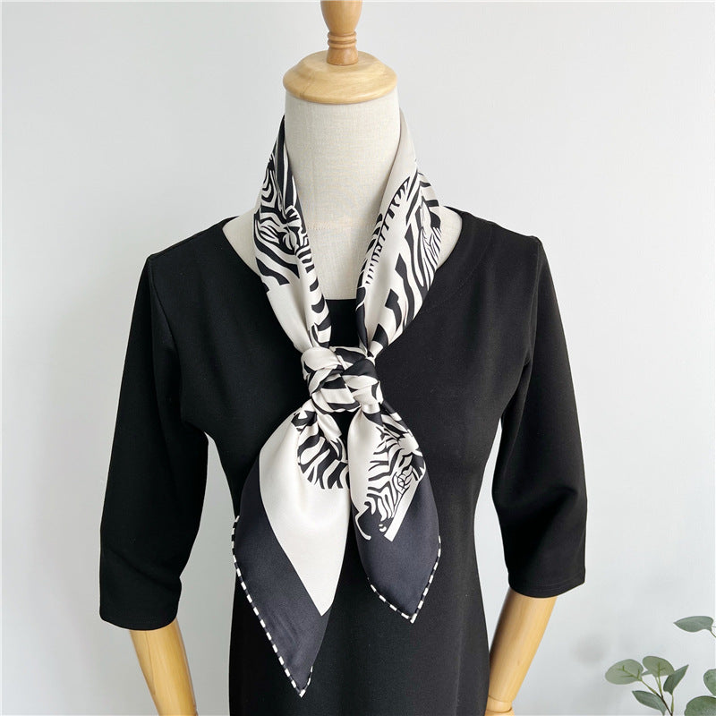 100% Pure Mulberry Silk Twill Scarf – Zebra Print, 90cm, Hand-Rolled Edges