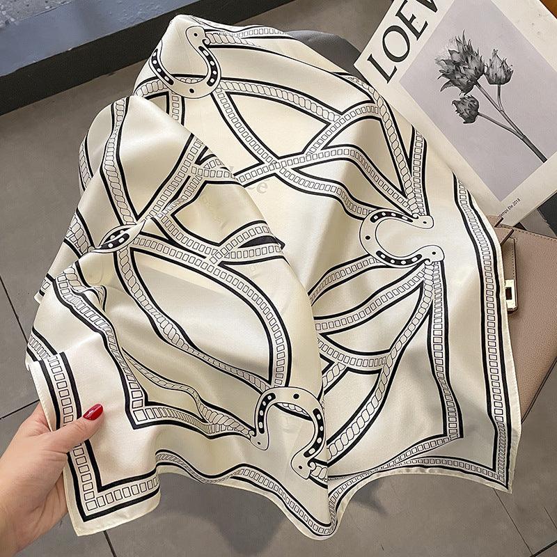 Minimalist Black and White Saddle Chain mulberry silk scarf/65CM 100% mulberry silk scarf/Silk shawl/Gift for her