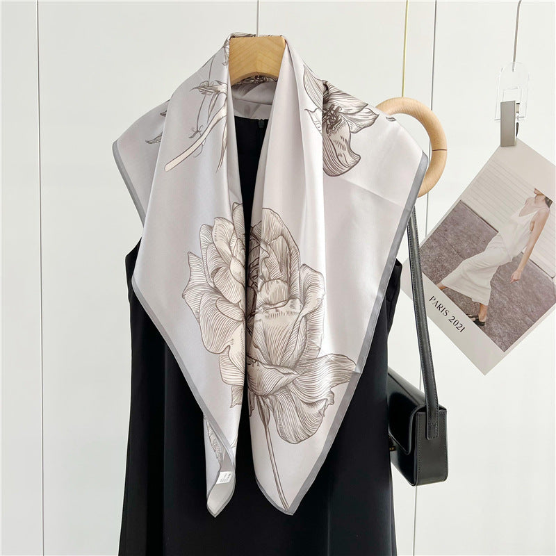 Grey Bloom – 100% Silk Crepe de Chine Scarf 90cm