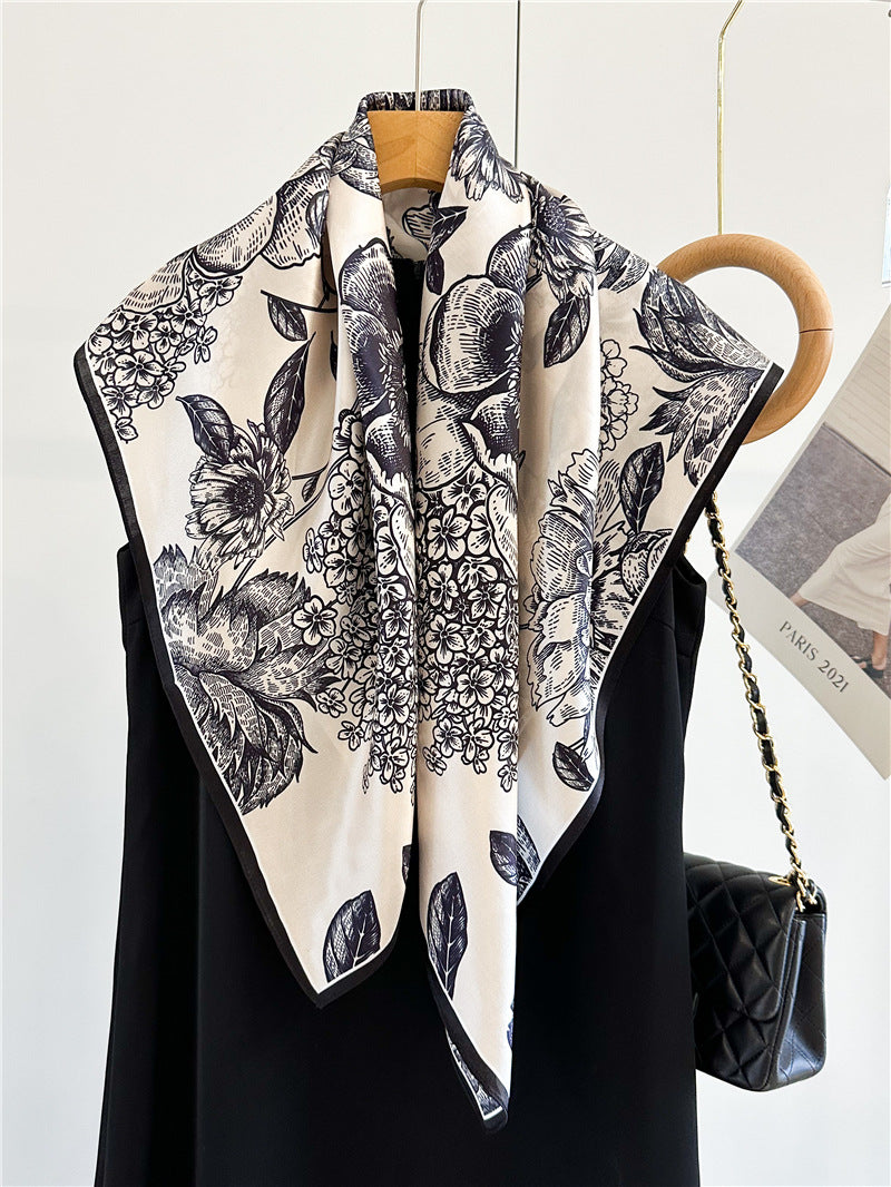 Camellia Noir – 100% Silk Crepe de Chine Scarf (90×90 cm)