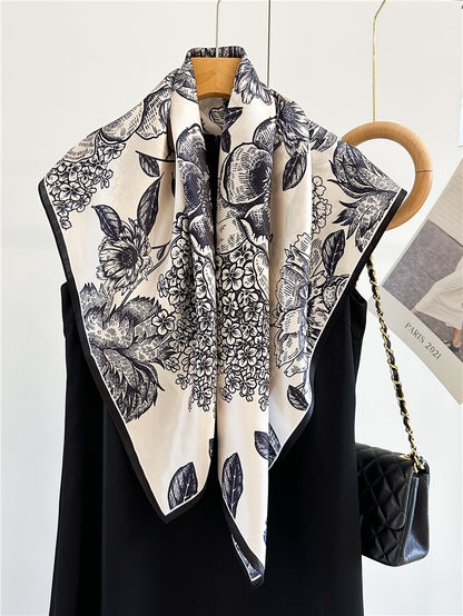Camellia Noir – 100% Silk Crepe de Chine Scarf (90×90 cm)