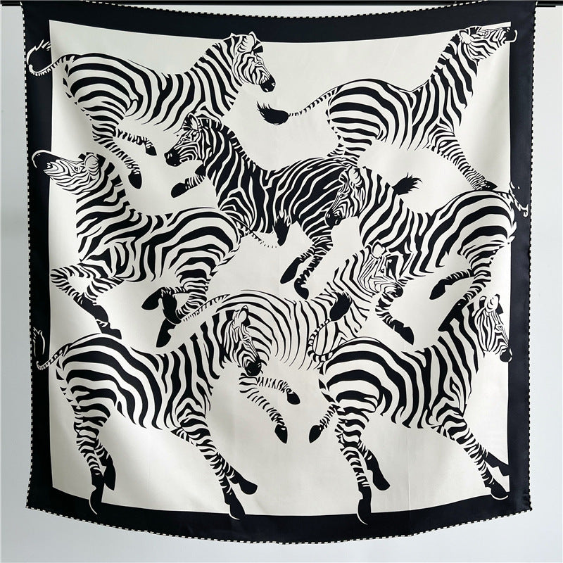 100% Pure Mulberry Silk Twill Scarf – Zebra Print, 90cm, Hand-Rolled Edges