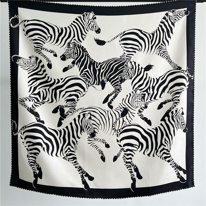 100% Pure Mulberry Silk Twill Scarf – Zebra Print, 90cm, Hand-Rolled Edges