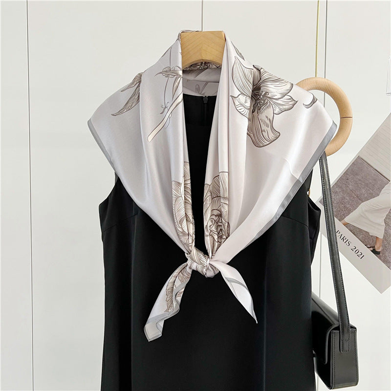 Grey Bloom – 100% Silk Crepe de Chine Scarf 90cm