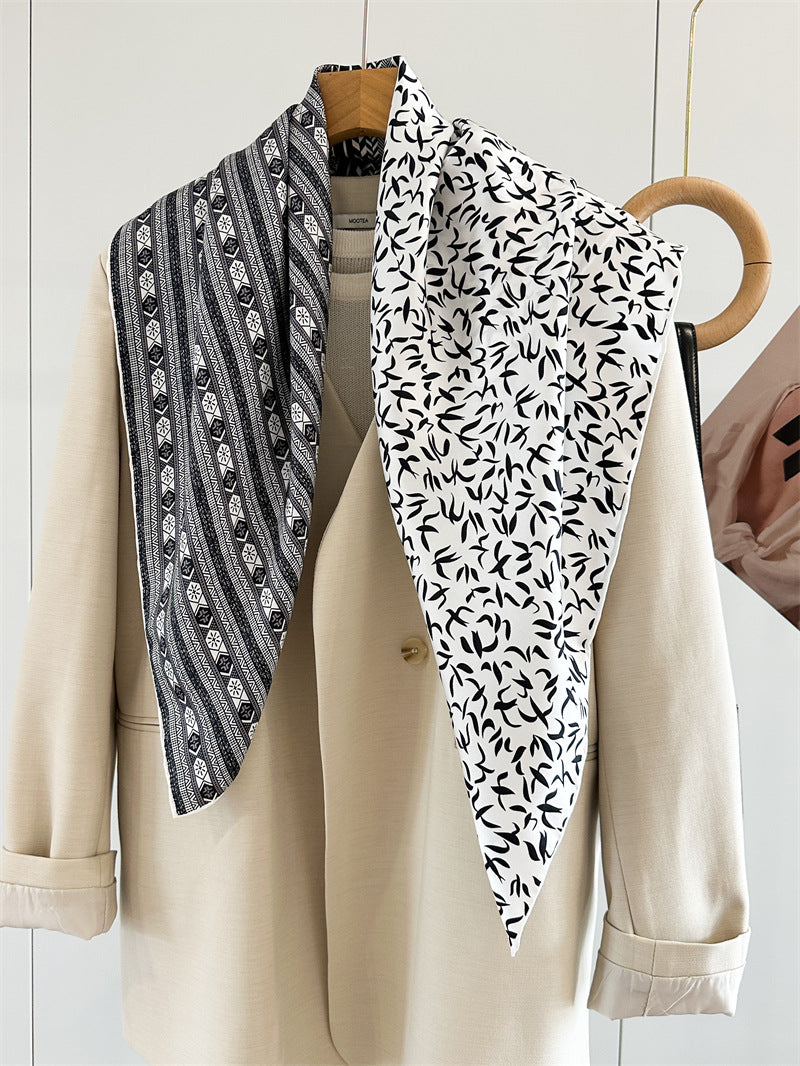Monochrome Geometry – 100% Silk Crepe de Chine Scarf 90cm