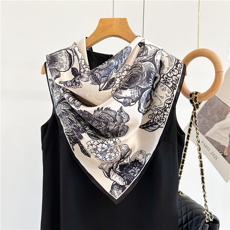Camellia Noir – 100% Silk Crepe de Chine Scarf (90×90 cm)