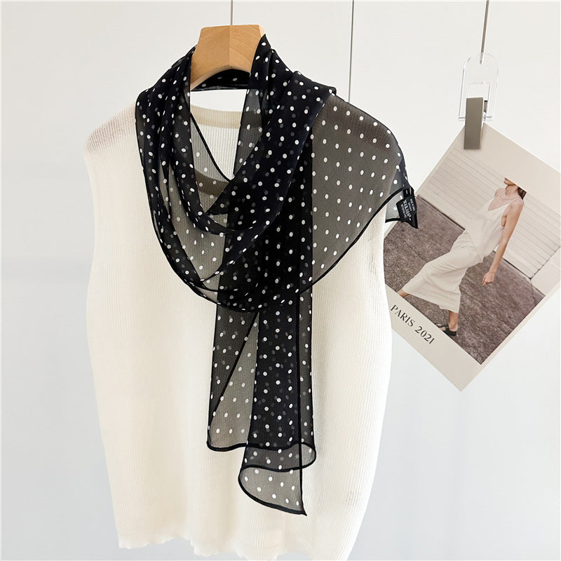 French Minimalist 100% Silk Chiffon Scarf | Vintage Polka Dot Elegant Long Scarf for Women, 30x160cm