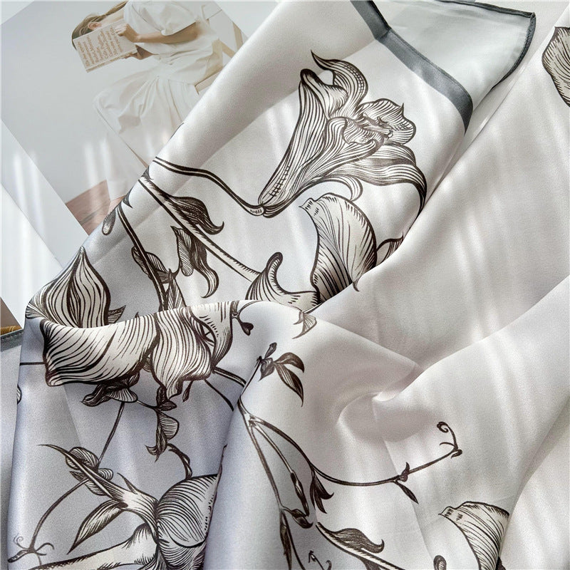 Grey Bloom – 100% Silk Crepe de Chine Scarf 90cm
