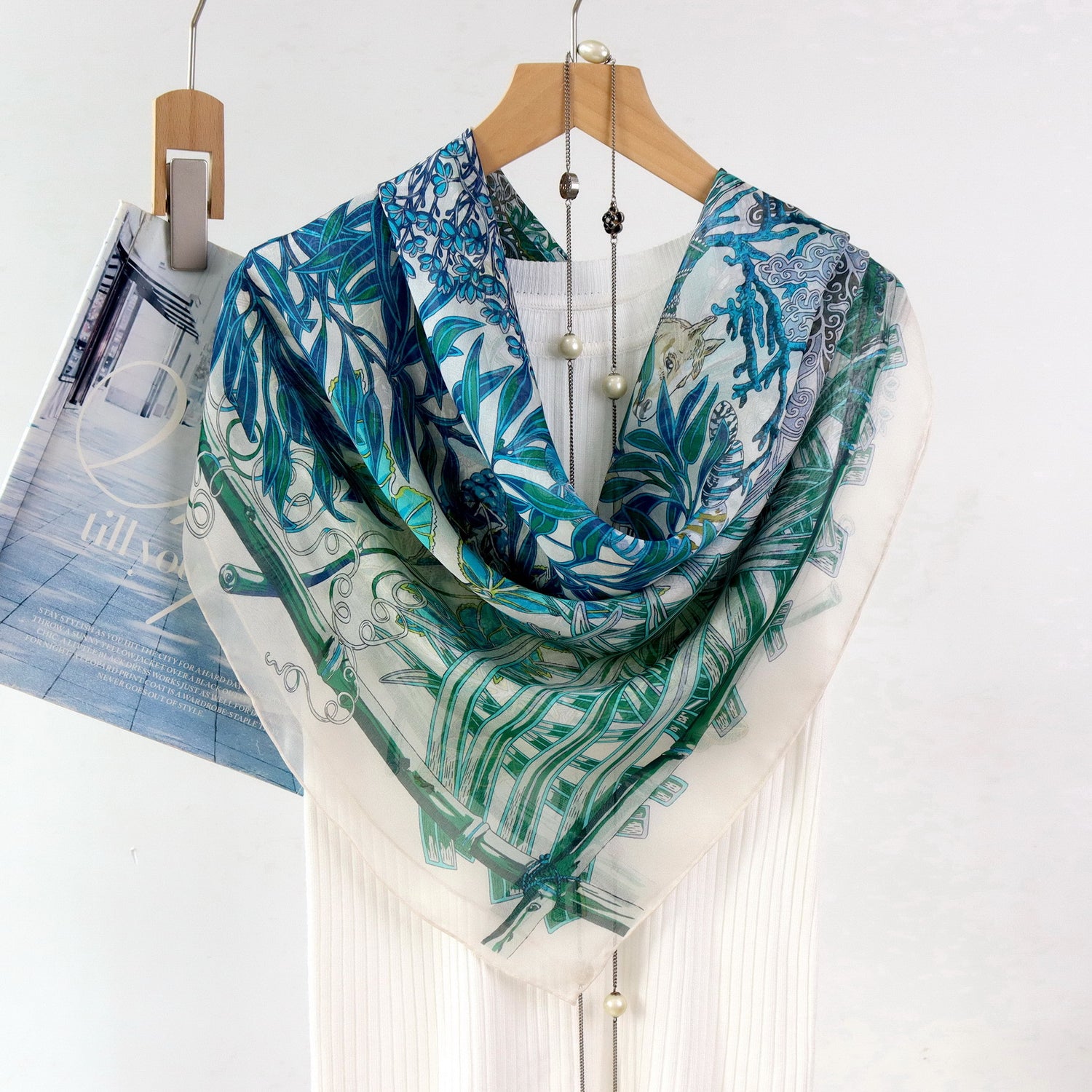 Botanical Garden Silk Chiffon Scarf 110×110cm – Artistic Silk Scarf