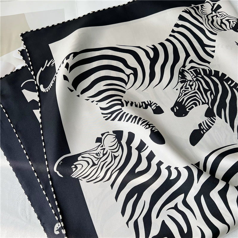 100% Pure Mulberry Silk Twill Scarf – Zebra Print, 90cm, Hand-Rolled Edges