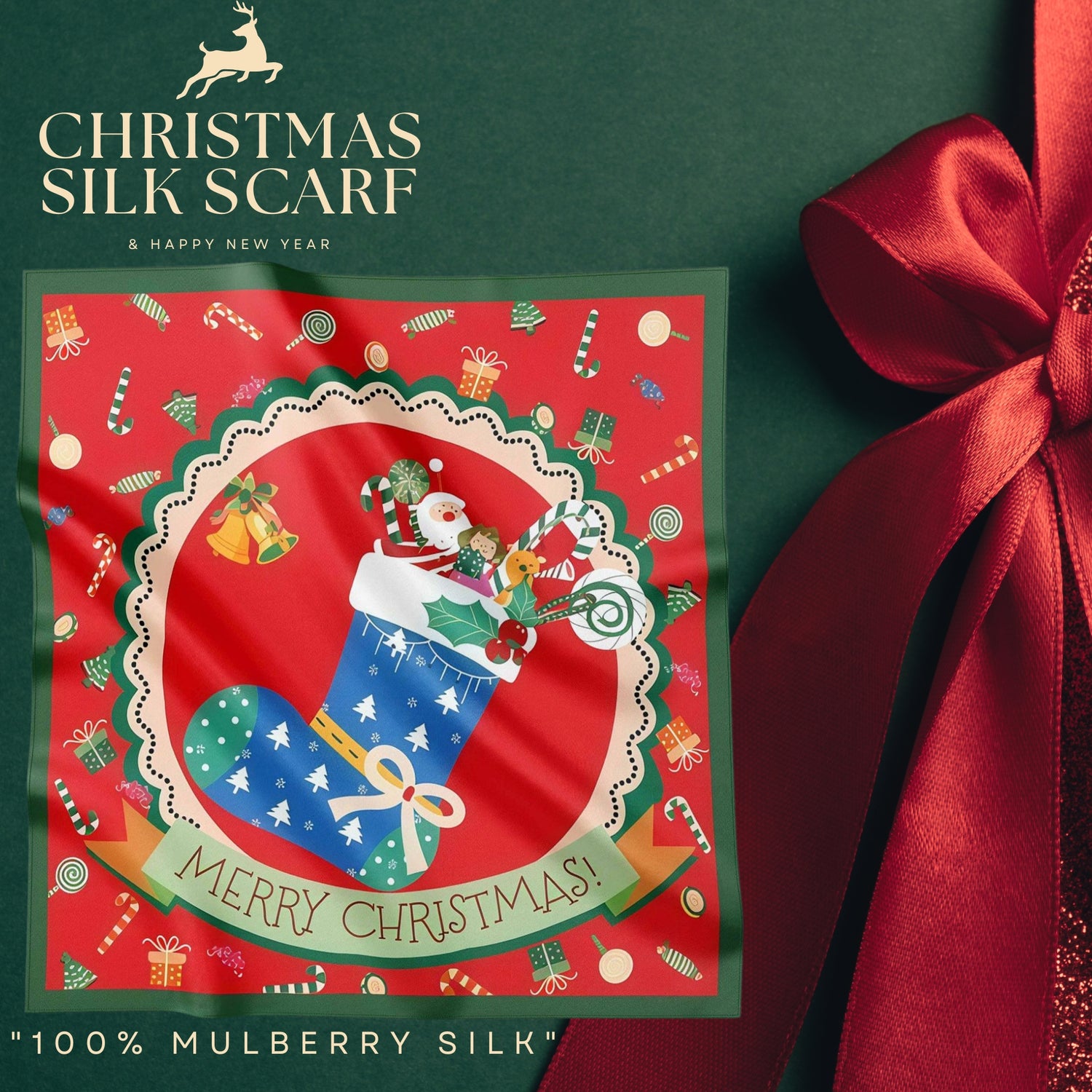Festive 100% Silk Scarf 53cm – Playful Holiday Prints for All Ages
