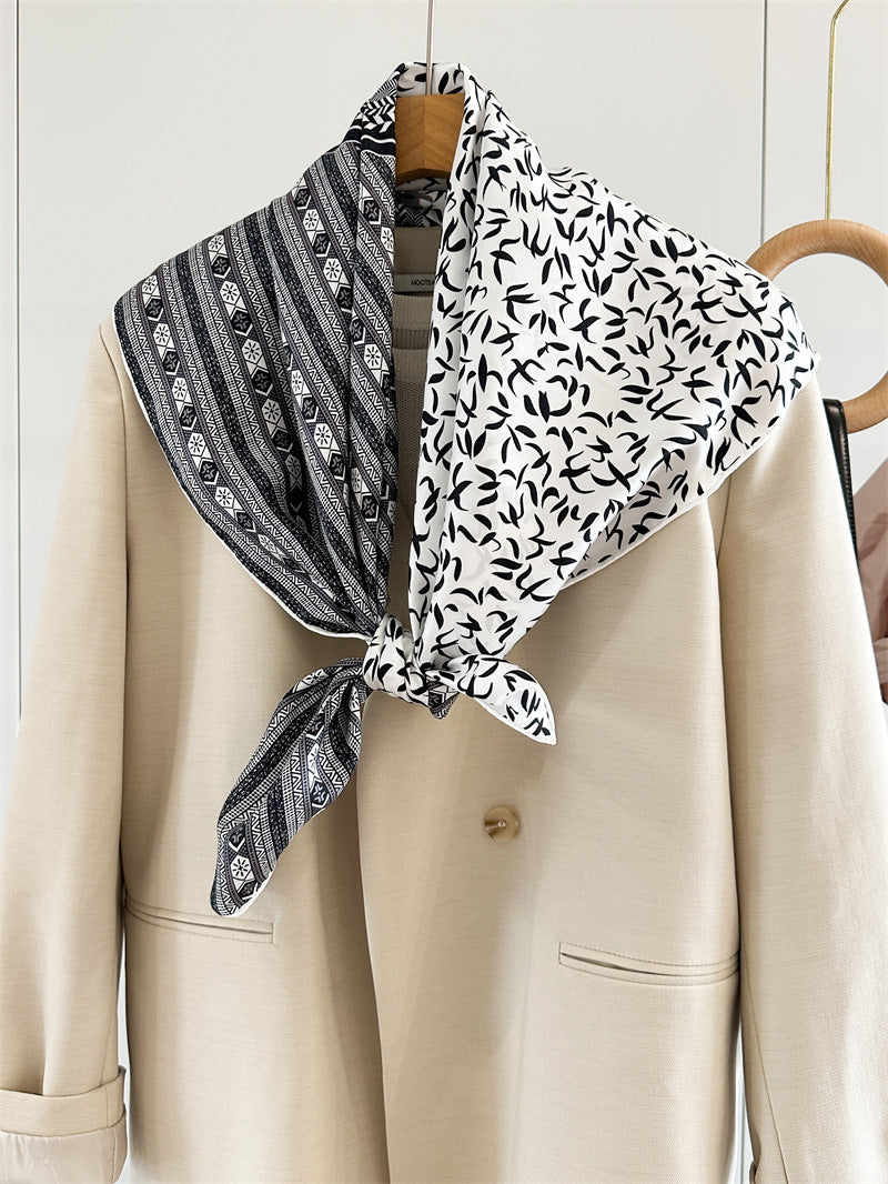 Monochrome Geometry – 100% Silk Crepe de Chine Scarf 90cm