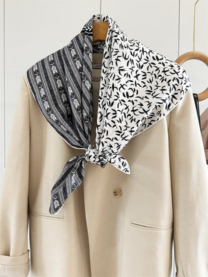 Monochrome Geometry – 100% Silk Crepe de Chine Scarf 90cm