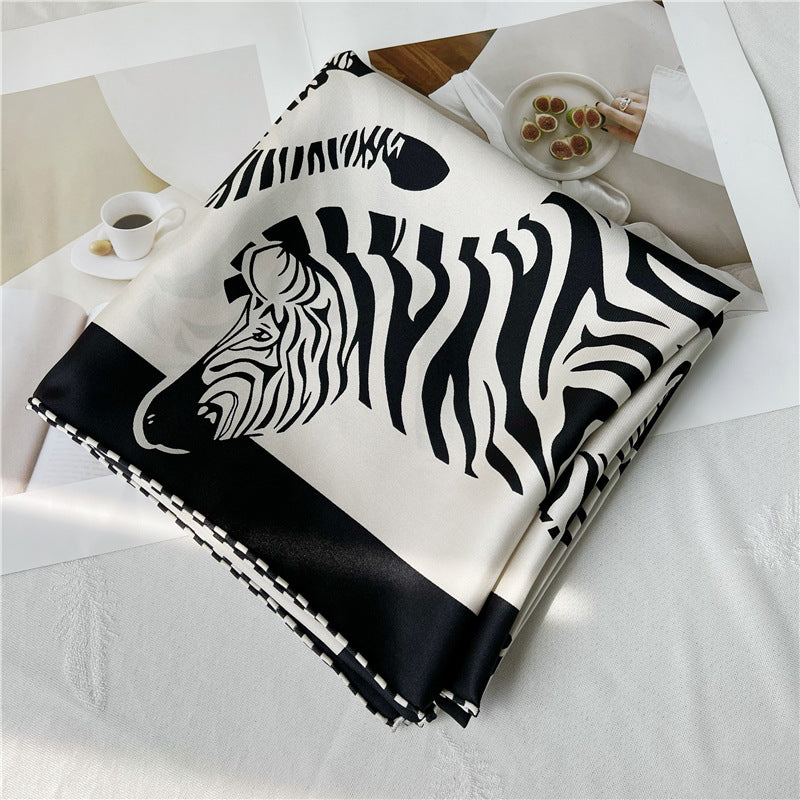 100% Pure Mulberry Silk Twill Scarf – Zebra Print, 90cm, Hand-Rolled Edges