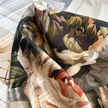 100% Mulberry Silk Twill Scarf – Vintage Rose Garden | Hand-Rolled Edges, 90cm