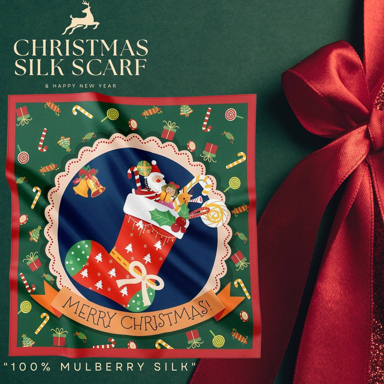 Festive 100% Silk Scarf 53cm – Playful Holiday Prints for All Ages