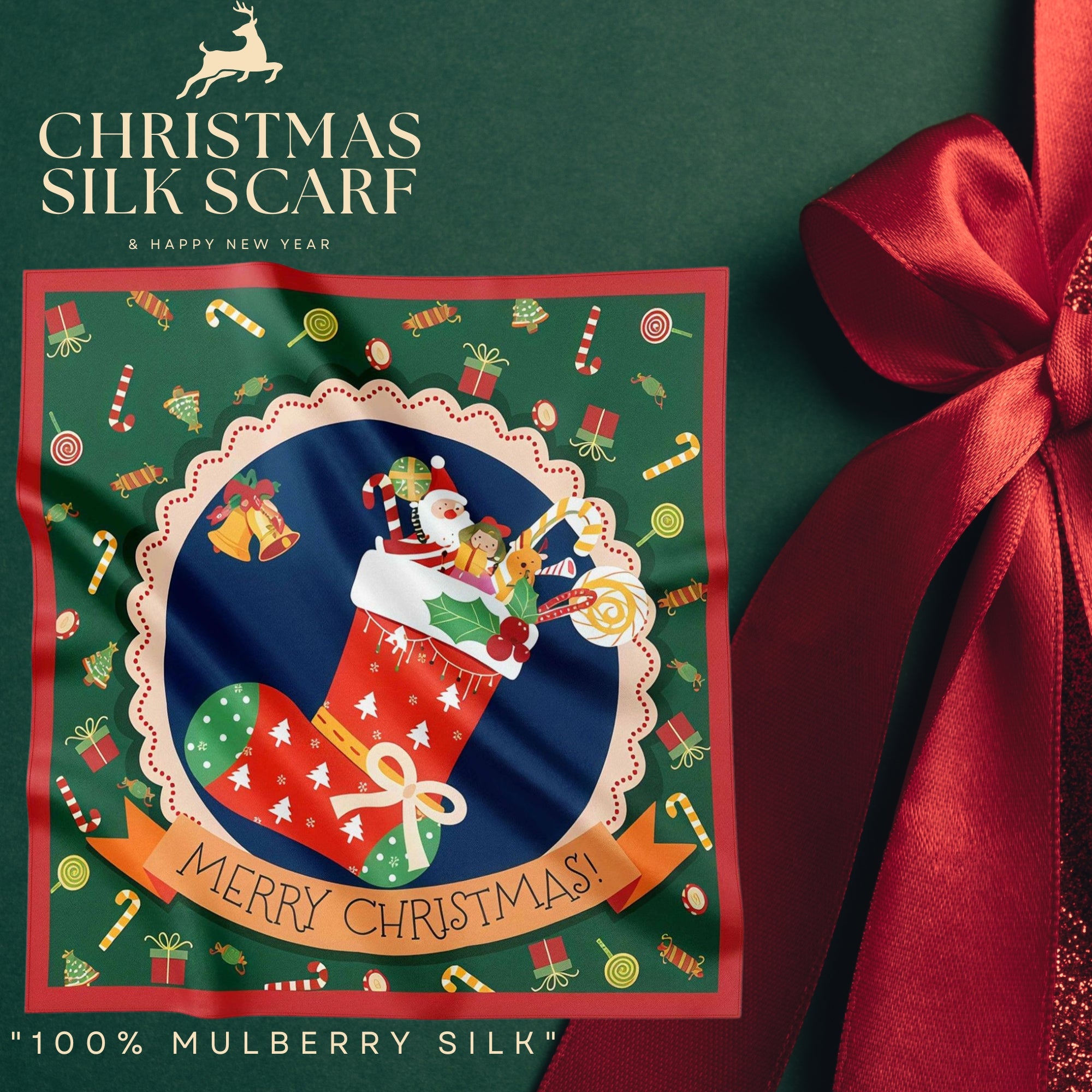 Festive 100% Silk Scarf 53cm – Playful Holiday Prints for All Ages
