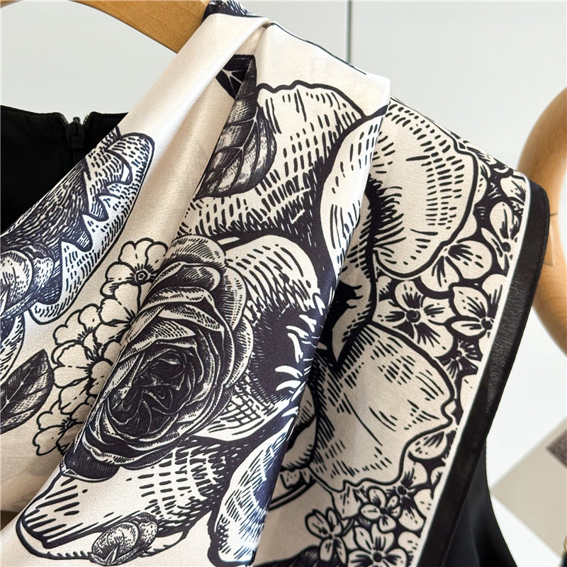 Camellia Noir – 100% Silk Crepe de Chine Scarf (90×90 cm)
