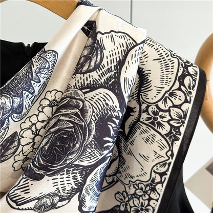 Camellia Noir – 100% Silk Crepe de Chine Scarf (90×90 cm)