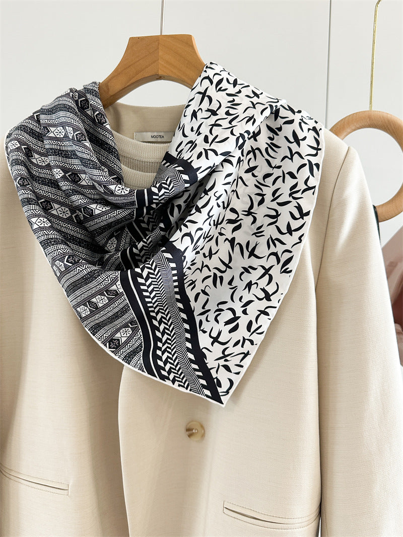 Monochrome Geometry – 100% Silk Crepe de Chine Scarf 90cm