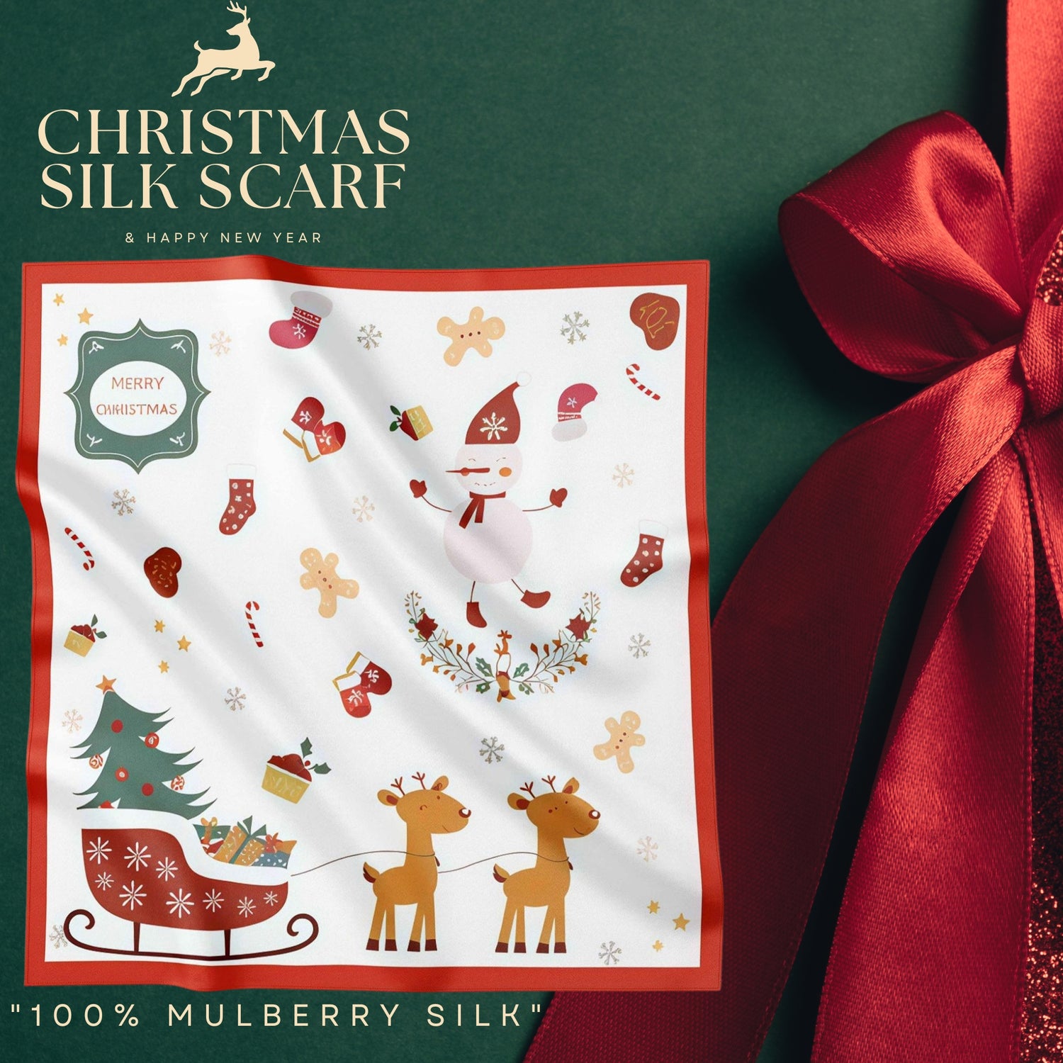 Festive 100% Silk Scarf 53cm – Playful Holiday Prints for All Ages