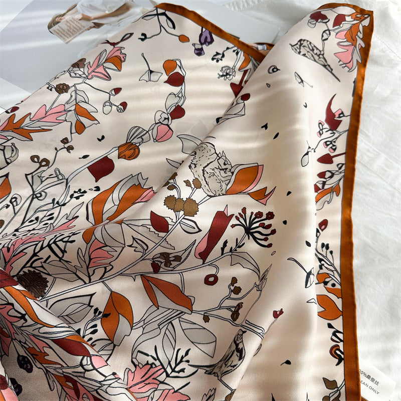 Midnight &amp; Dawn Bloom – 100% Silk Twill Scarf (90×90cm, Hand-Rolled Edges)