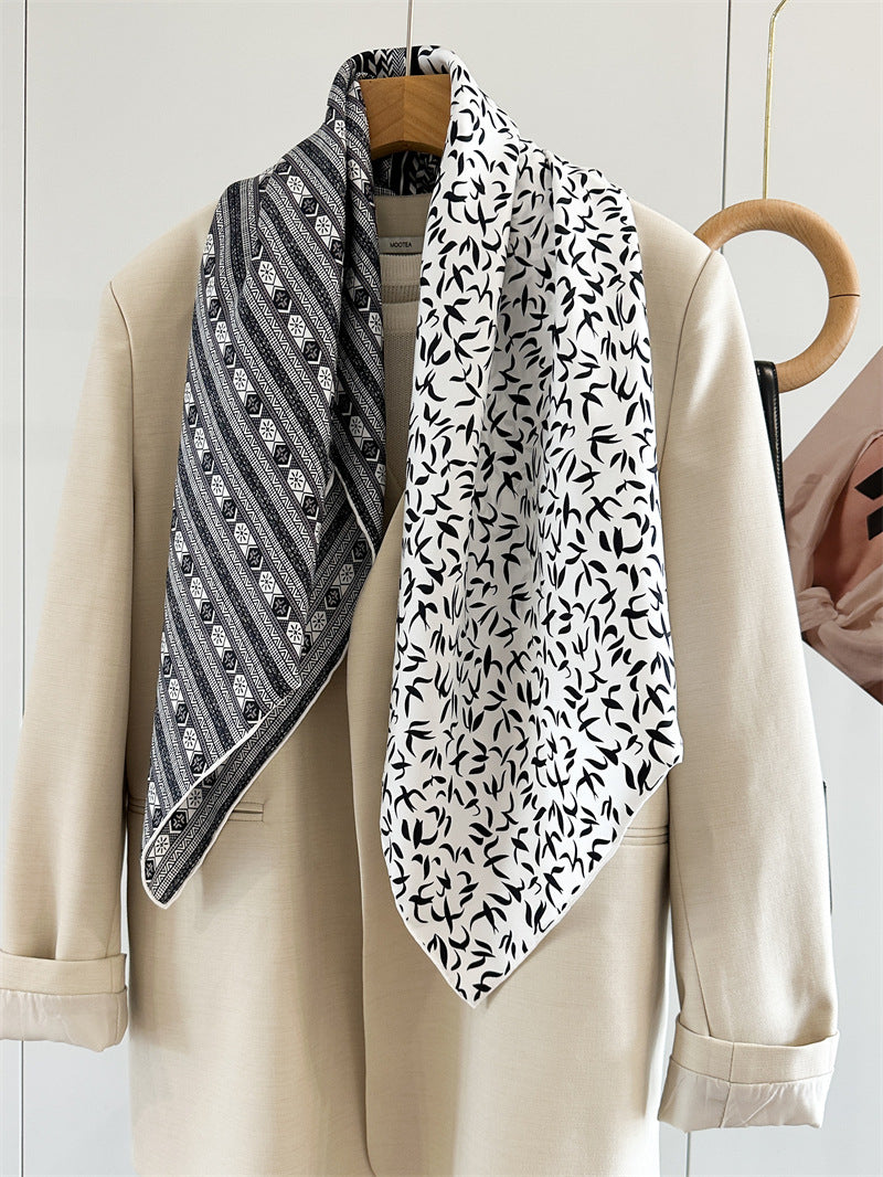 Monochrome Geometry – 100% Silk Crepe de Chine Scarf 90cm