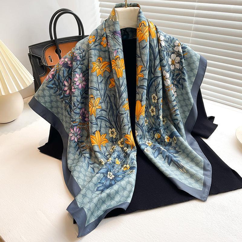 Großer Seidenschal mit Gänseblümchenmuster/Seiden-Twill-Satin/9090 cm/Seidenschal/Seidenbandana/Großer Satinschal/Geschenk für Sie/Muttertagsgeschenke