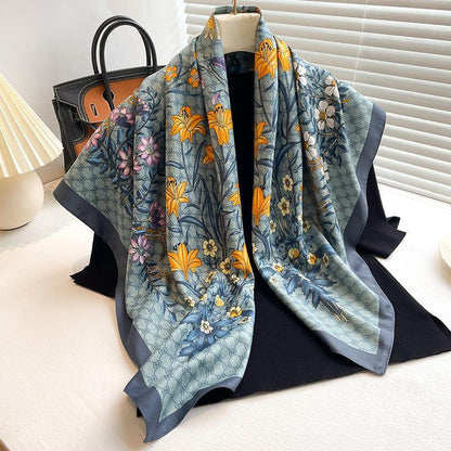 Großer Seidenschal mit Gänseblümchenmuster/Seiden-Twill-Satin/9090 cm/Seidenschal/Seidenbandana/Großer Satinschal/Geschenk für Sie/Muttertagsgeschenke