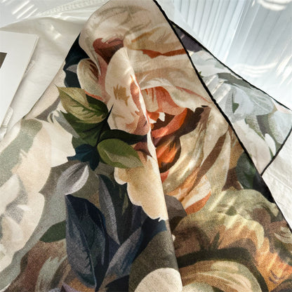 100% Mulberry Silk Twill Scarf – Vintage Rose Garden | Hand-Rolled Edges, 90cm