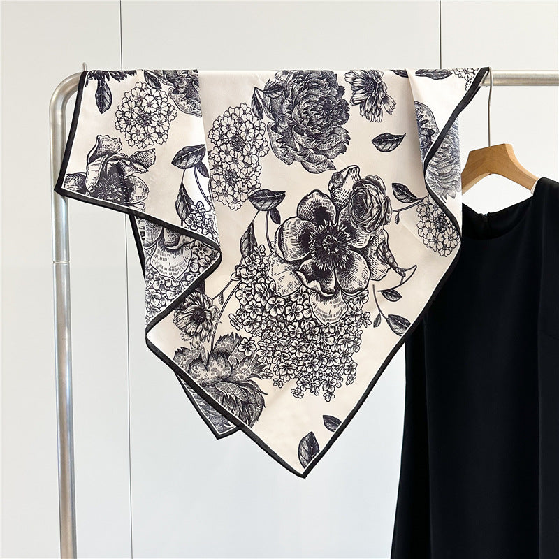 Camellia Noir – 100% Silk Crepe de Chine Scarf (90×90 cm)