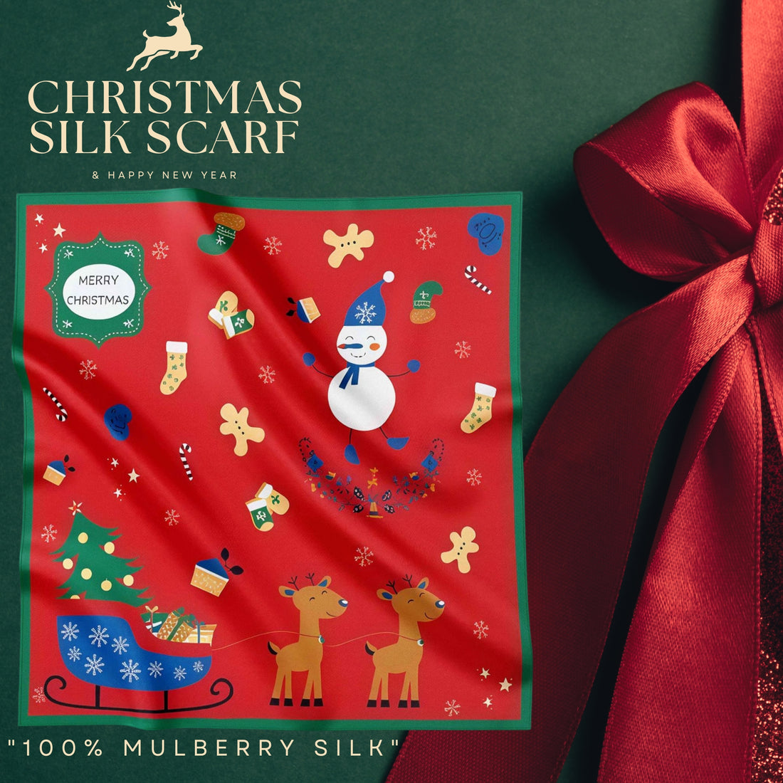 Festive 100% Silk Scarf 53cm – Playful Holiday Prints for All Ages