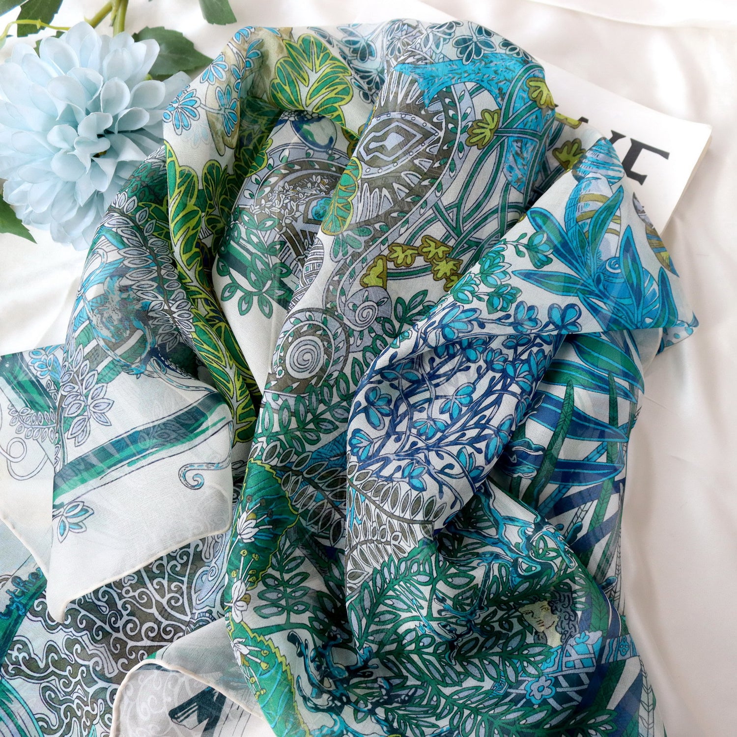 Botanical Garden Silk Chiffon Scarf 110×110cm – Artistic Silk Scarf