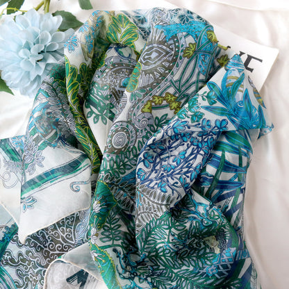 Botanical Garden Silk Chiffon Scarf 110×110cm – Artistic Silk Scarf