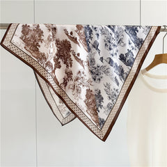 26'' Vintage Jungle Mulberry Silk Scarf with Coffee Border – Bold & Retro Square Silk Shawl for Women, Tropical Jungle Design