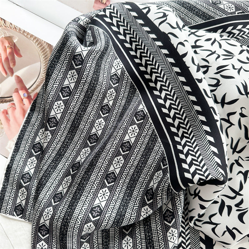 Monochrome Geometry – 100% Silk Crepe de Chine Scarf 90cm