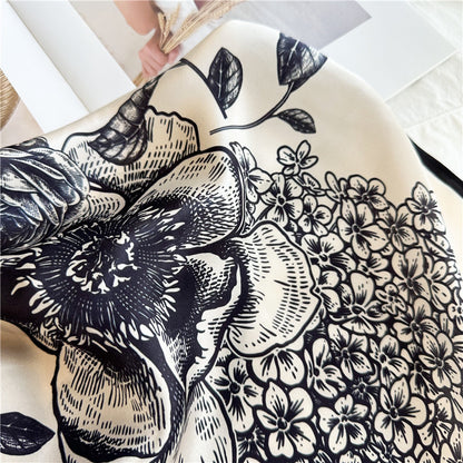 Camellia Noir – 100% Silk Crepe de Chine Scarf (90×90 cm)