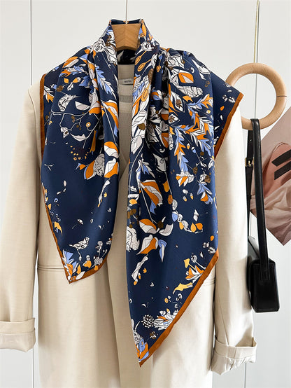 Midnight &amp; Dawn Bloom – 100% Silk Twill Scarf (90×90cm, Hand-Rolled Edges)