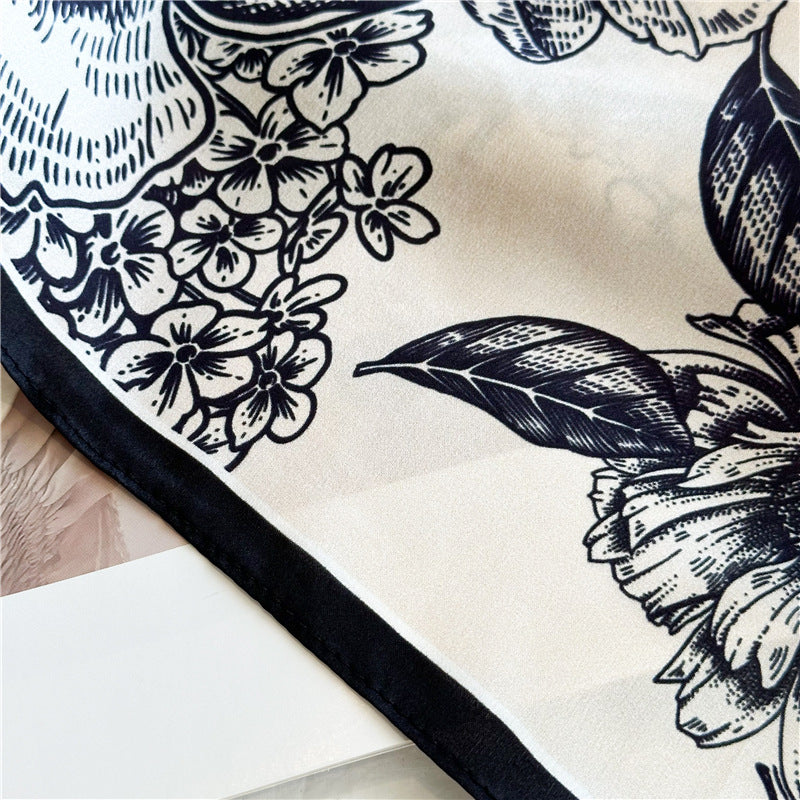 Camellia Noir – 100% Silk Crepe de Chine Scarf (90×90 cm)