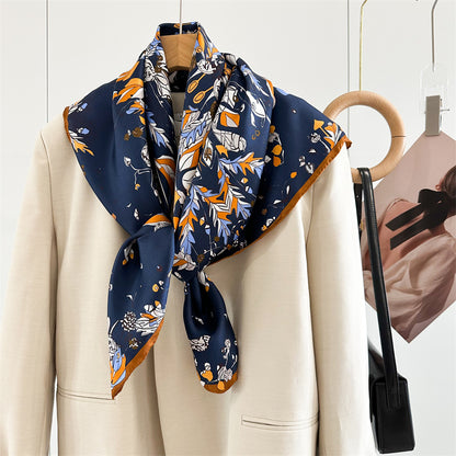 Midnight &amp; Dawn Bloom – 100% Silk Twill Scarf (90×90cm, Hand-Rolled Edges)