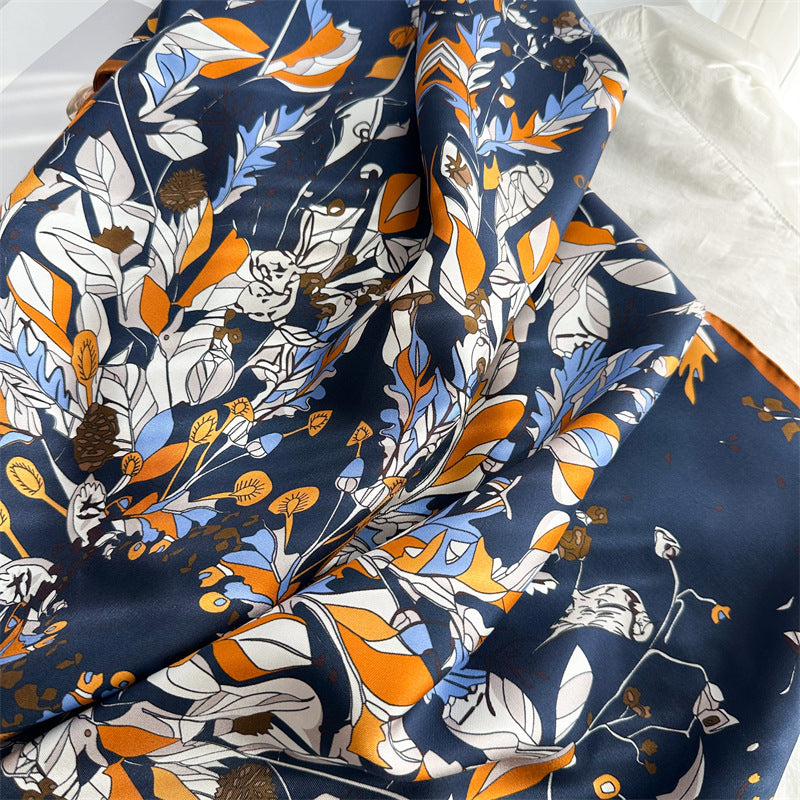Midnight &amp; Dawn Bloom – 100% Silk Twill Scarf (90×90cm, Hand-Rolled Edges)