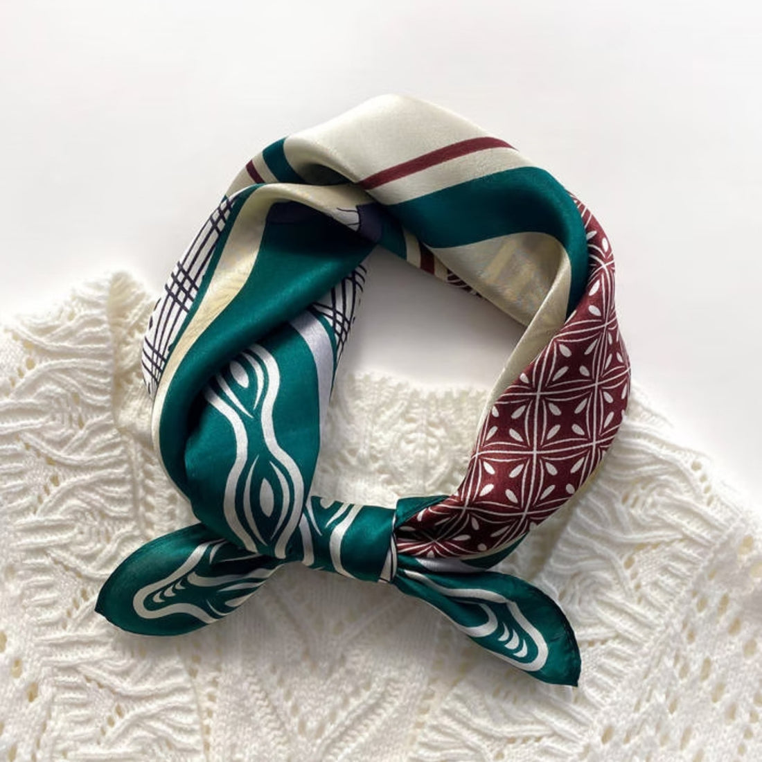 53cm Mulberry Silk Twill Scarf – Geometric Boho Patchwork Bandana, Vintage Print Small Square Silk Scarf