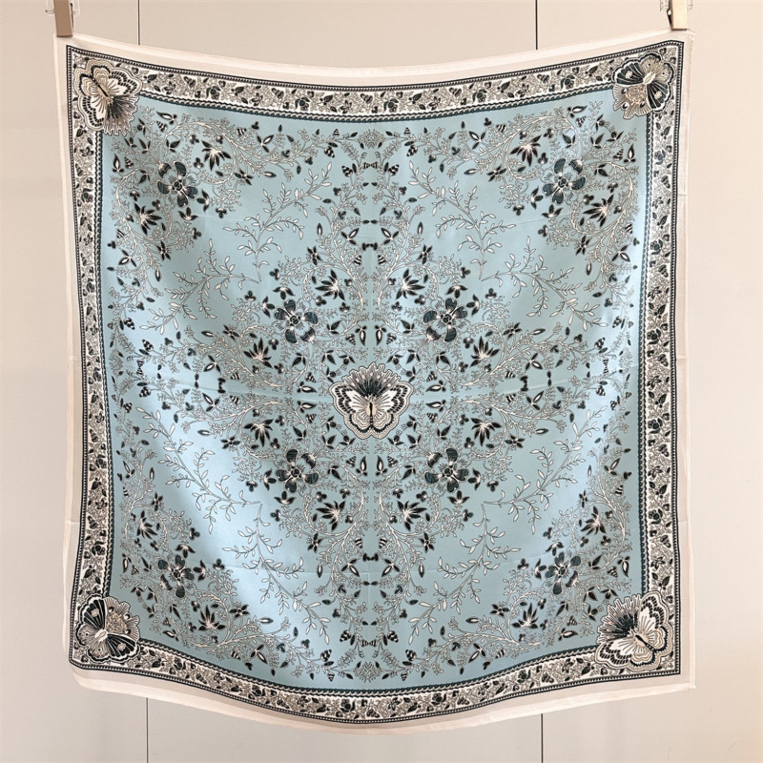 Classic Botanical Medallion Silk Scarf 90cm – Hand-Rolled Edge Square Scarf