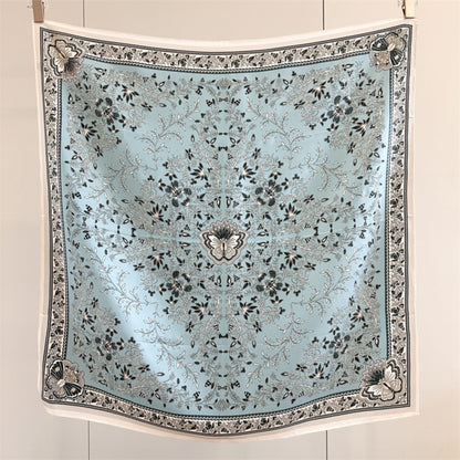 Classic Botanical Medallion Silk Scarf 90cm – Hand-Rolled Edge Square Scarf