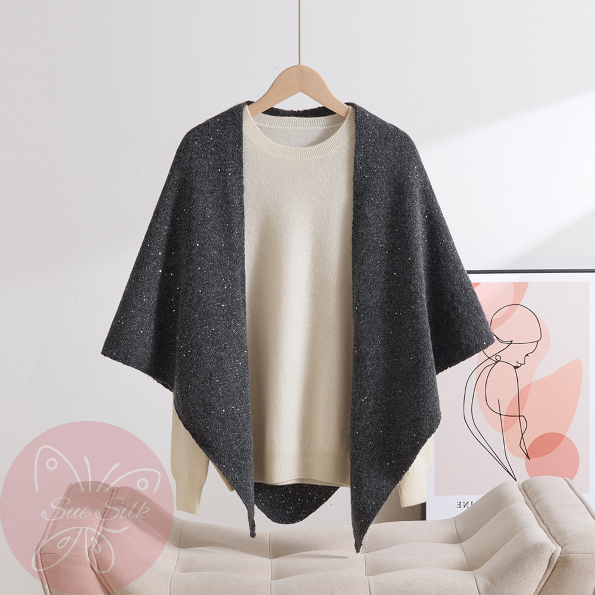 Sparkle Wool Triangle Shawl 73×193cm – 100% Lambswool Winter Wrap