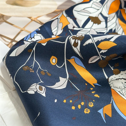 Midnight &amp; Dawn Bloom – 100% Silk Twill Scarf (90×90cm, Hand-Rolled Edges)