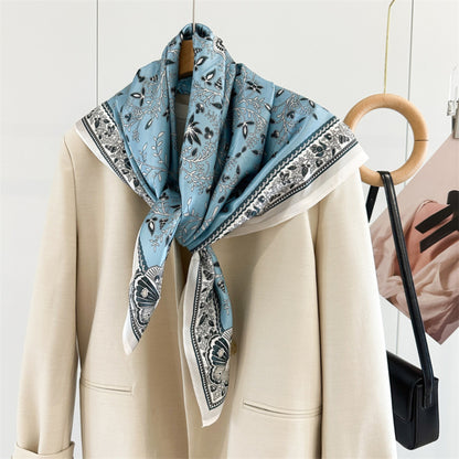Classic Botanical Medallion Silk Scarf 90cm – Hand-Rolled Edge Square Scarf